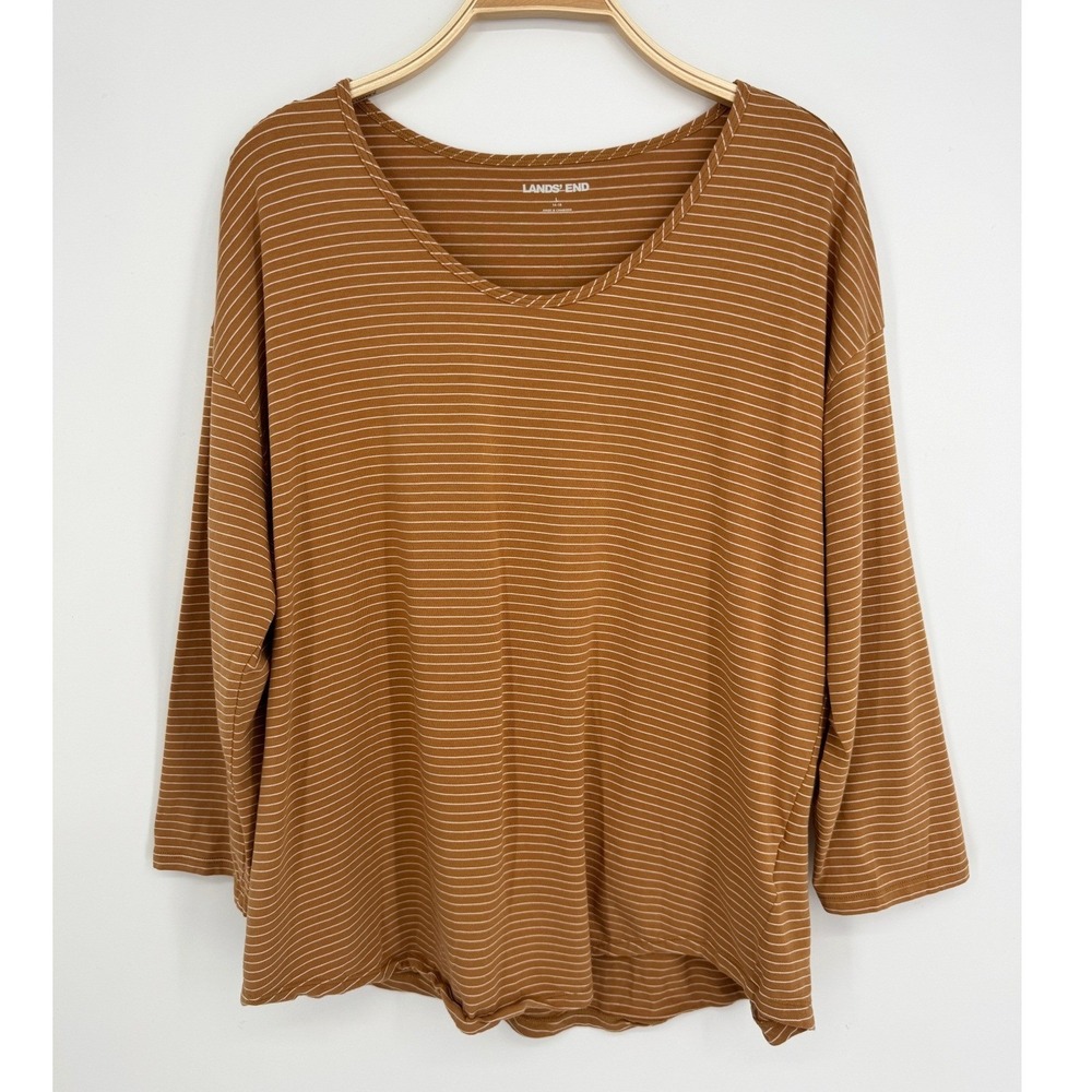 Lands' End Striped Long Sleeve T-Shirt Large Brown Casual Preppy Basic Classic